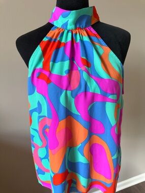 Tyche Vibrant Multi-Color Halter Neck Sleeveless Blouse Tie Neck Large